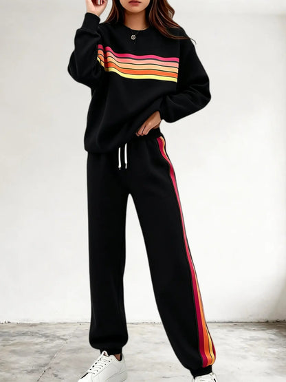 Women's Retro Striped Long Sleeve Sweat Top & Jogger Pants Two‑Piece Set