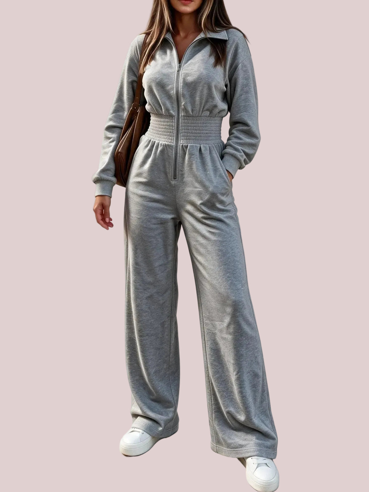 Women's Smocked Waist Zip Front Jumpsuit