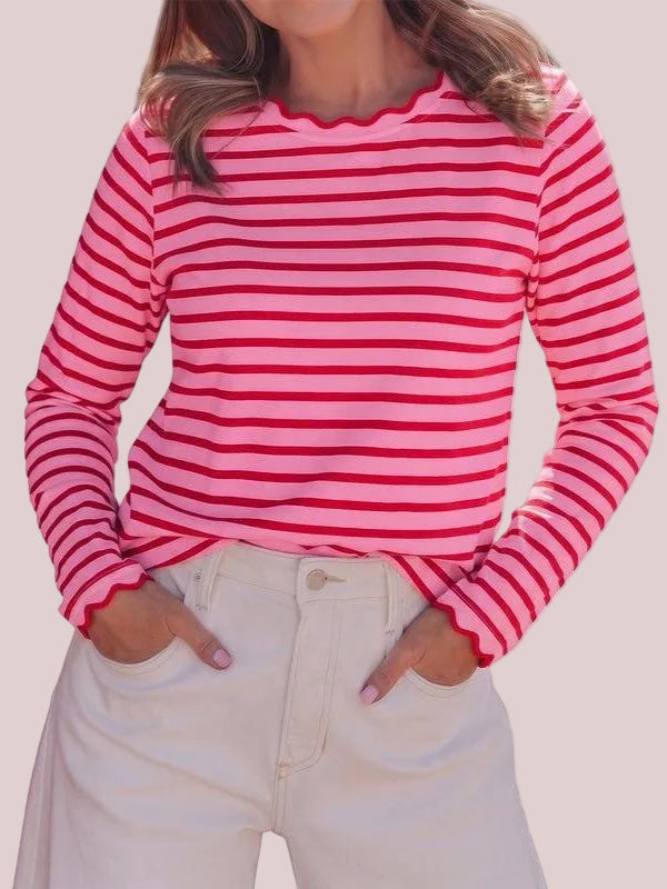 Women's Scallop Trim Striped Long Sleeve Top