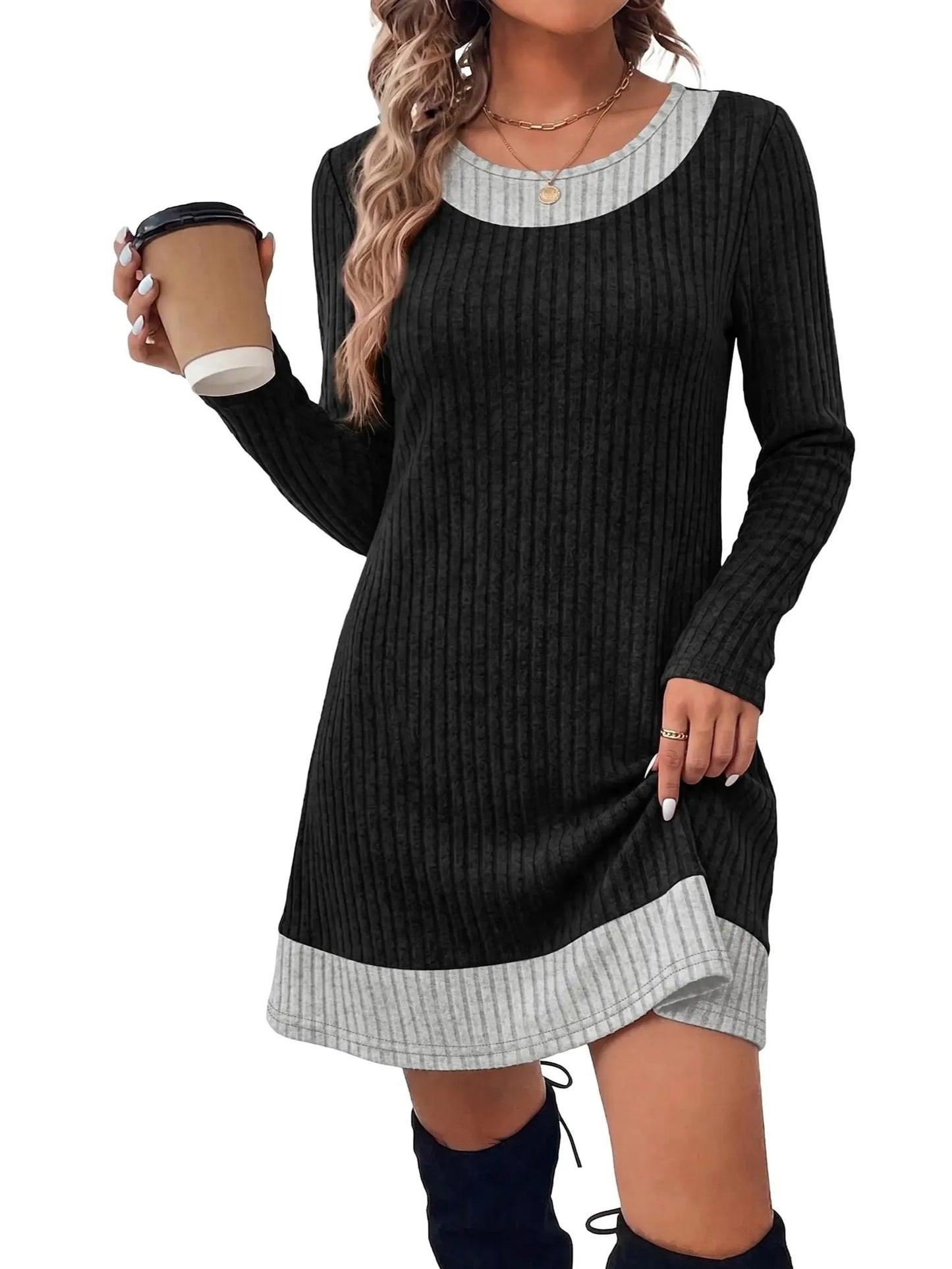Women's Knit Textured Contrast Collar Tunic Dress