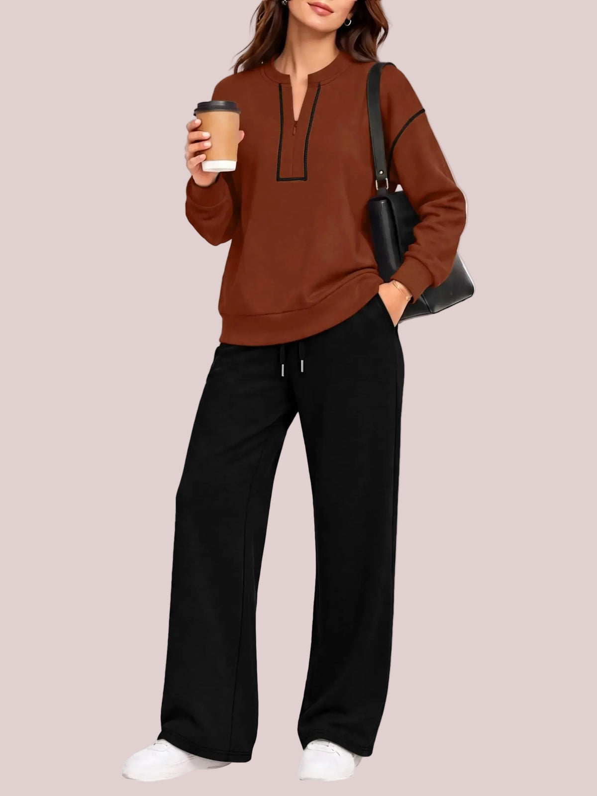 Women's Half Zip Sweatshirt Wide Leg Pants 2 Piece Outfit