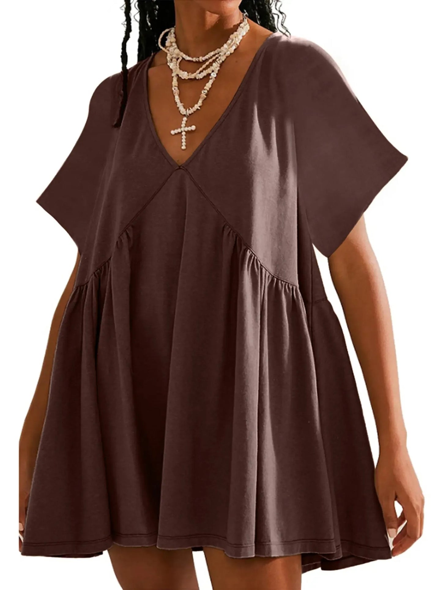 Women's V Neck Flowy Mini Babydoll Dress