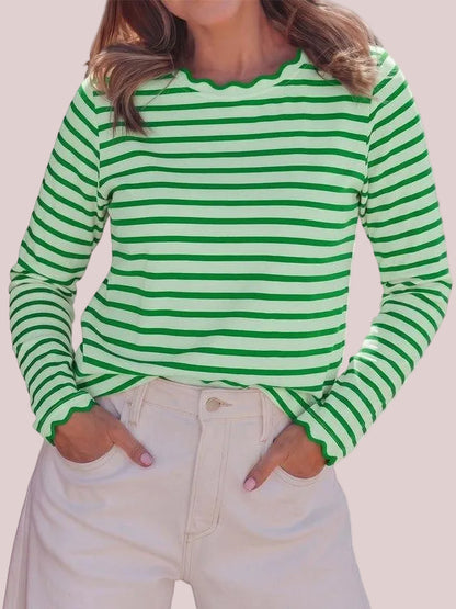 Women's Scallop Trim Striped Long Sleeve Top