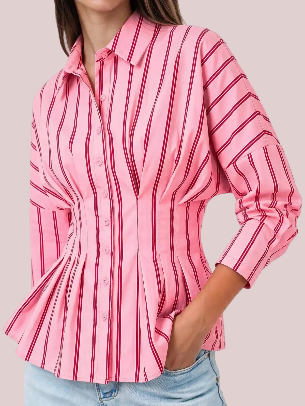Women's Waist Pleated Striped Long Sleeve Shirt