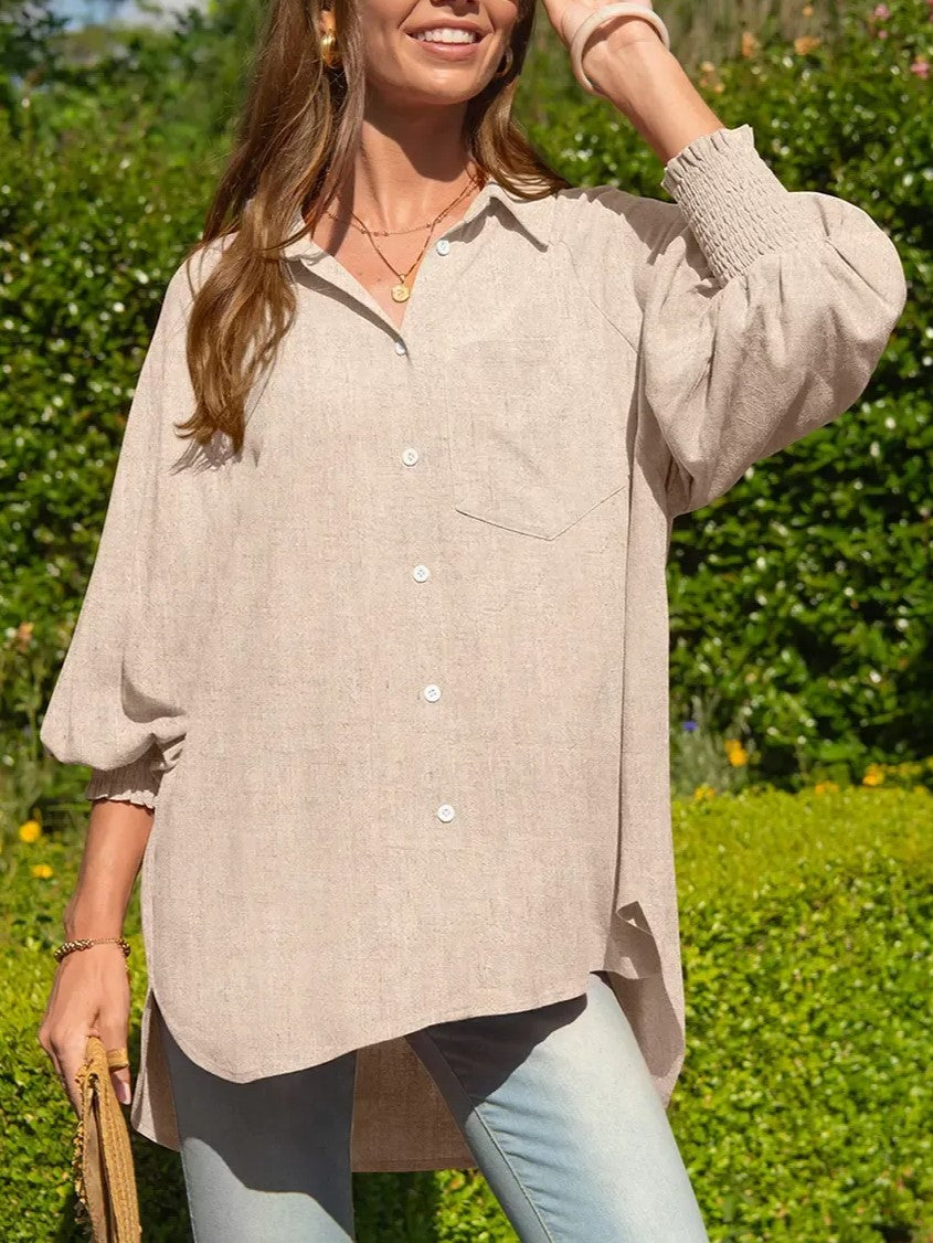 Women's Oversized Smocked‑Cuff Button‑Down Shirt