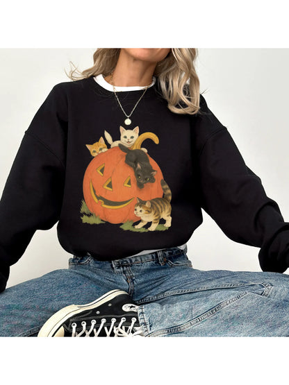 Women's Vintage Halloween Kitten Pumpkin Casual Pullover