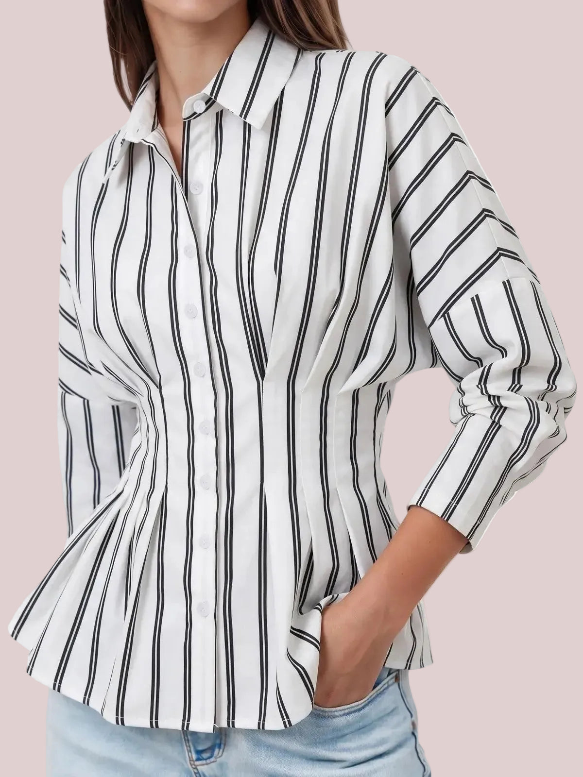 Women's Waist Pleated Striped Long Sleeve Shirt