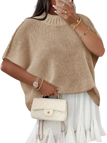 Women's Mock‑Neck Batwing Short‑Sleeve Knit Top