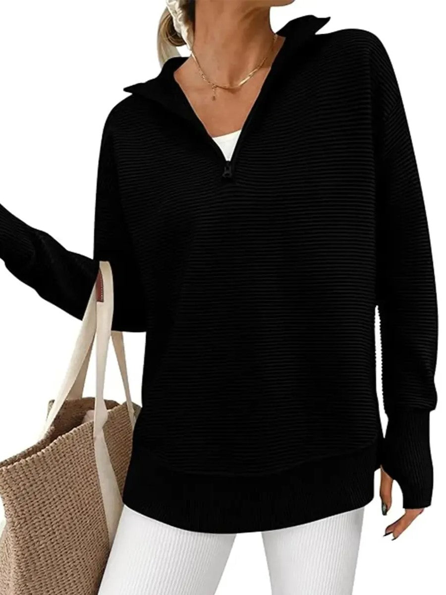 Women's Textured Half‑Zip Collared Top With Thumb Holes