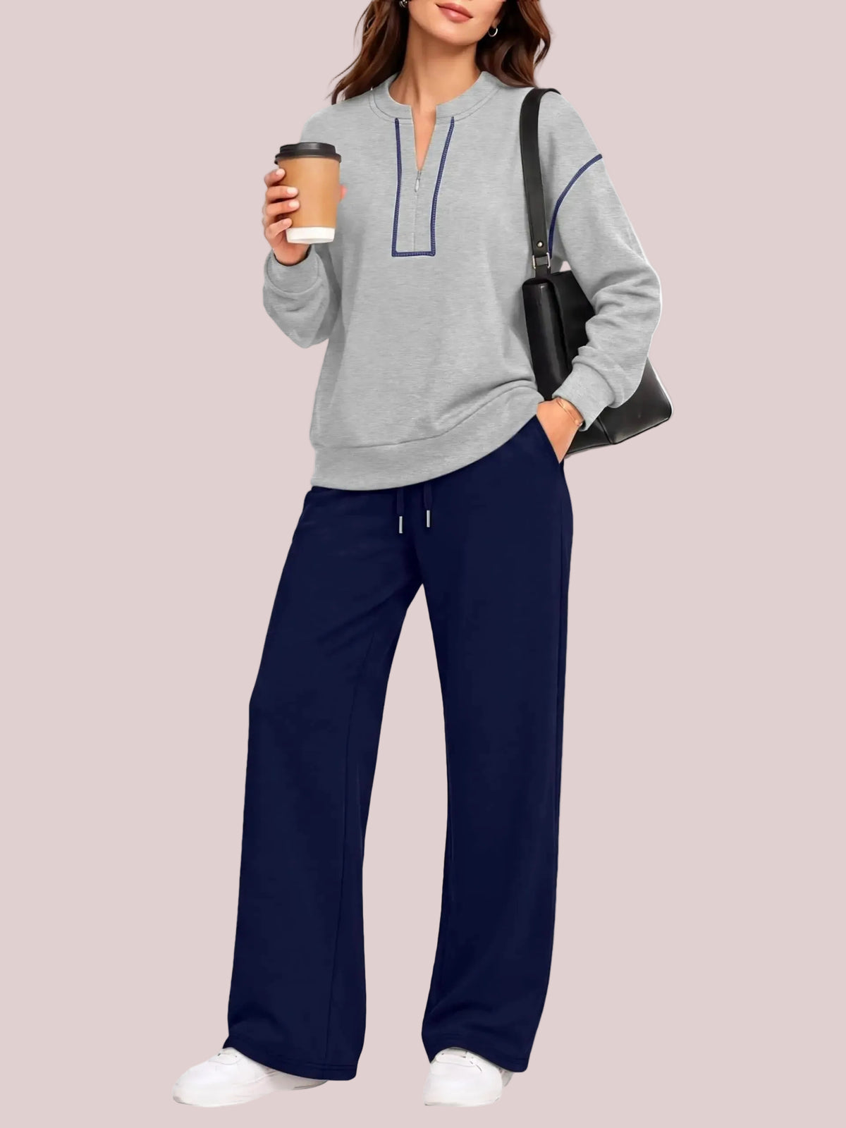 Women's Half Zip Sweatshirt Wide Leg Pants 2 Piece Outfit