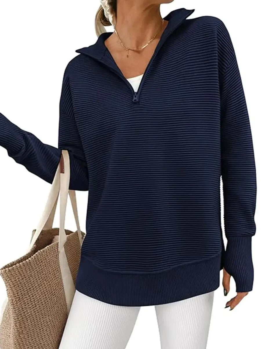 Women's Textured Half‑Zip Collared Top With Thumb Holes