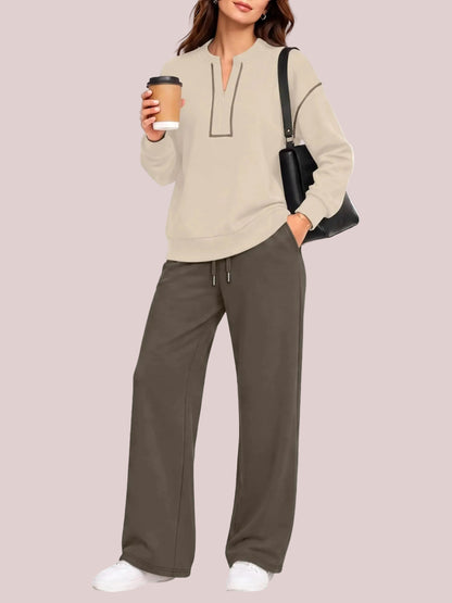 Women's Half Zip Sweatshirt Wide Leg Pants 2 Piece Outfit