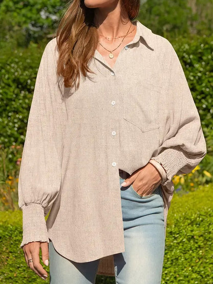 Women's Oversized Smocked‑Cuff Button‑Down Shirt