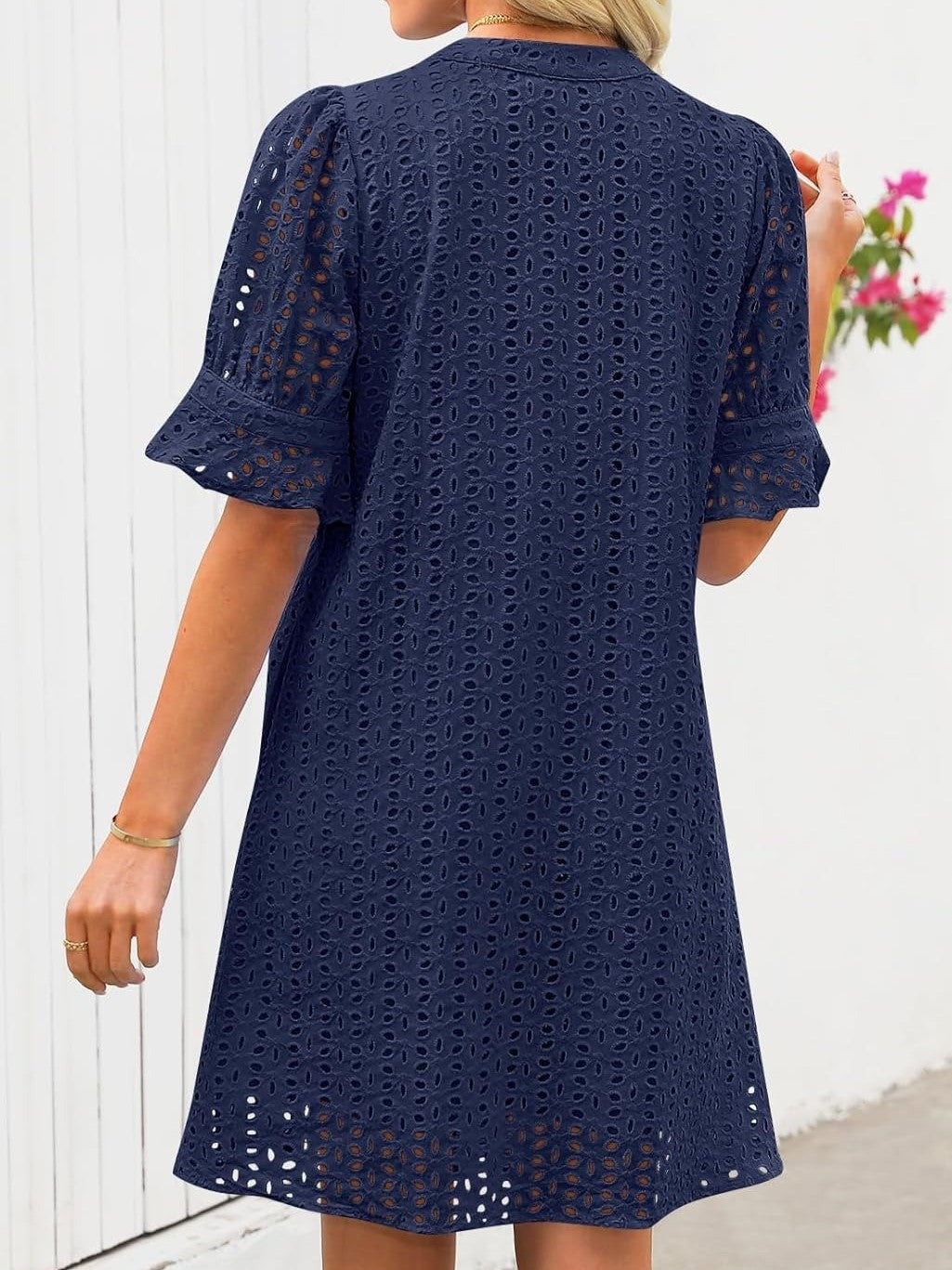 Flounce Sleeve Eyelet Tunic Dress for Women
