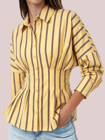 Women's Waist Pleated Striped Long Sleeve Shirt