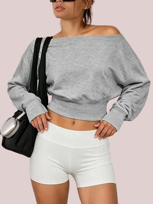 Women's Off Shoulder Cropped Sweatshirt with Thumb Holes