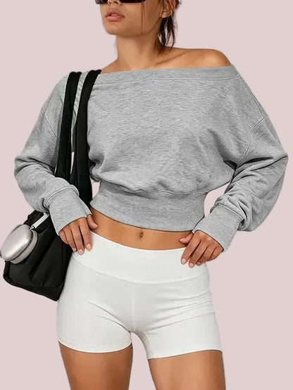 Women's Off Shoulder Cropped Sweatshirt with Thumb Holes