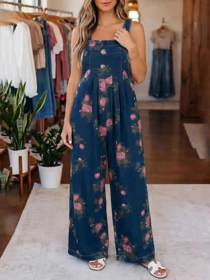Women's Vintage Floral Denim Wide Leg Jumpsuit