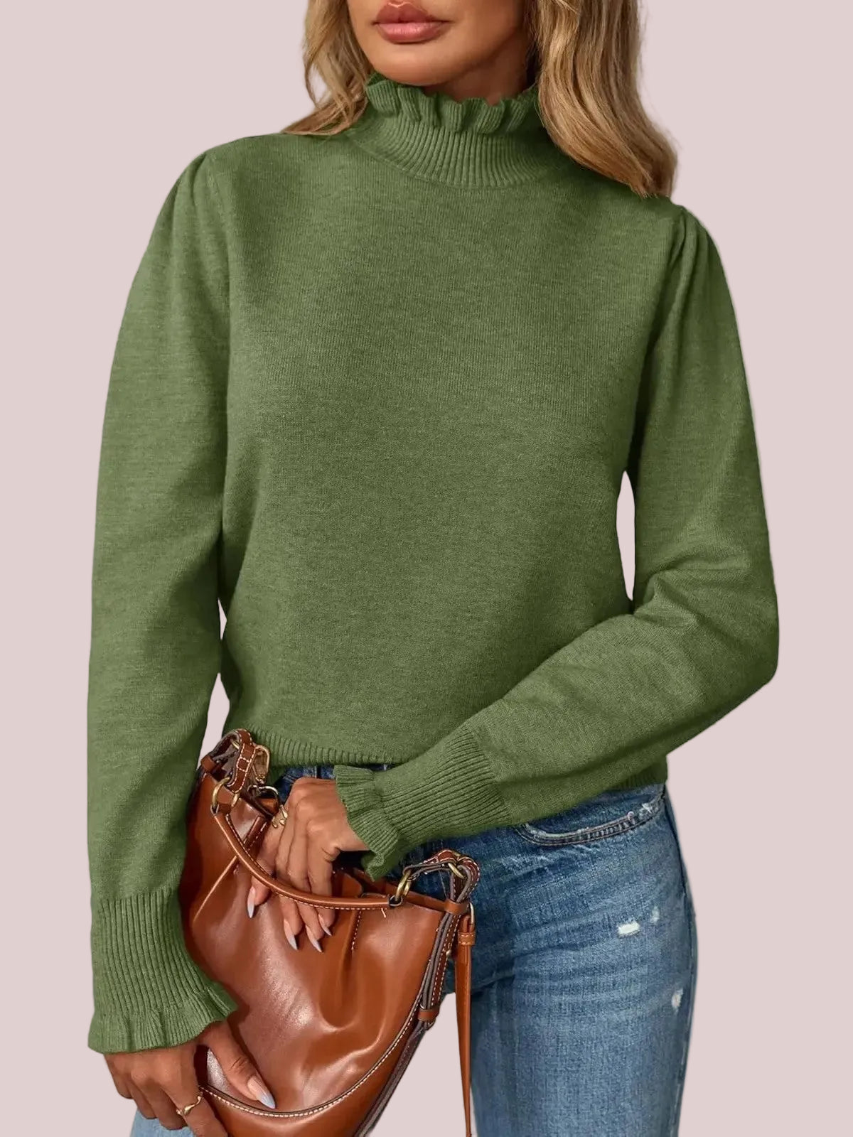 Women's Casual Ruffle Mock Neck Pullover Top