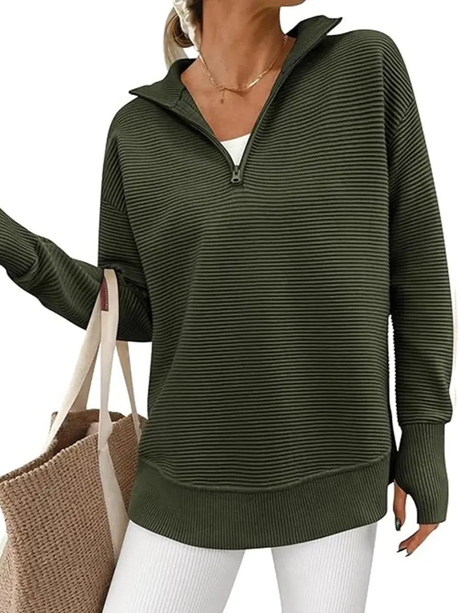 Women's Textured Half‑Zip Collared Top With Thumb Holes