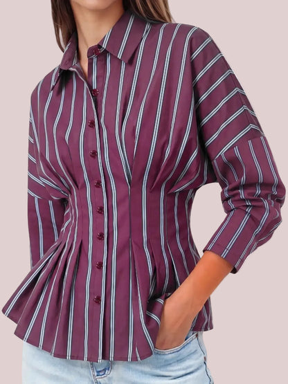 Women's Waist Pleated Striped Long Sleeve Shirt
