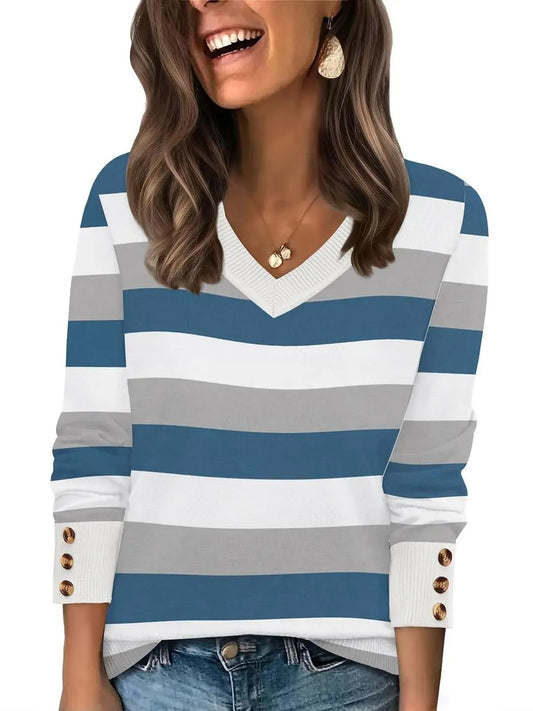 Women's Button‑Cuff V Neck Knit Pullover