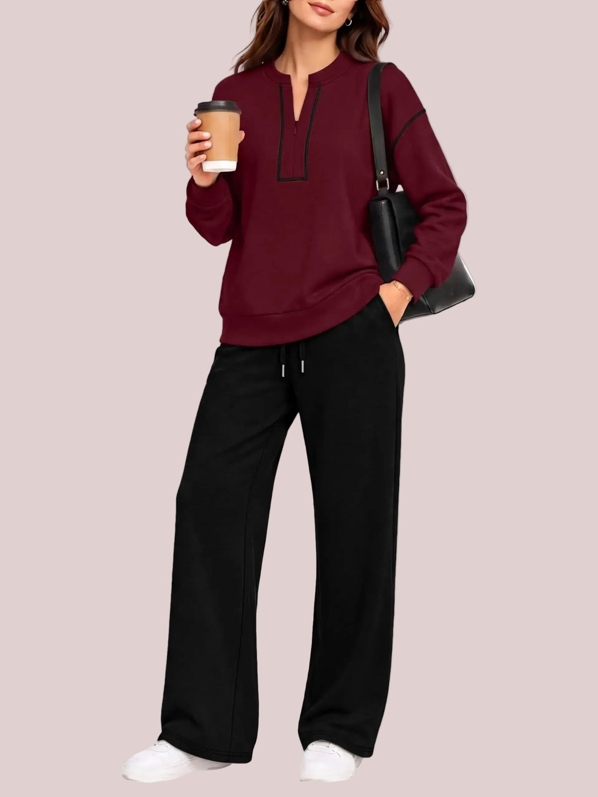 Women's Half Zip Sweatshirt Wide Leg Pants 2 Piece Outfit