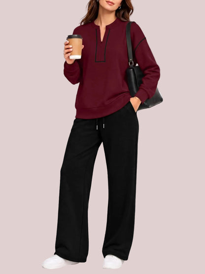Women's Half Zip Sweatshirt Wide Leg Pants 2 Piece Outfit