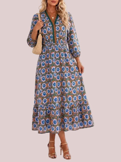 Women's Bohemian Floral Printed Tiered Midi Dress with Elastic Waist