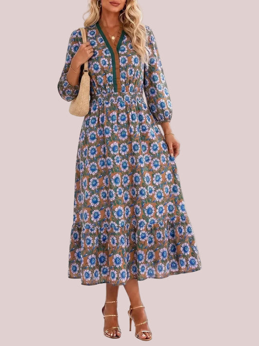 Women's Bohemian Floral Printed Tiered Midi Dress with Elastic Waist