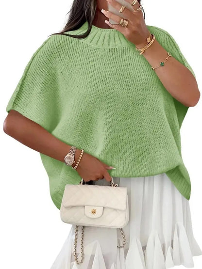 Women's Mock‑Neck Batwing Short‑Sleeve Knit Top