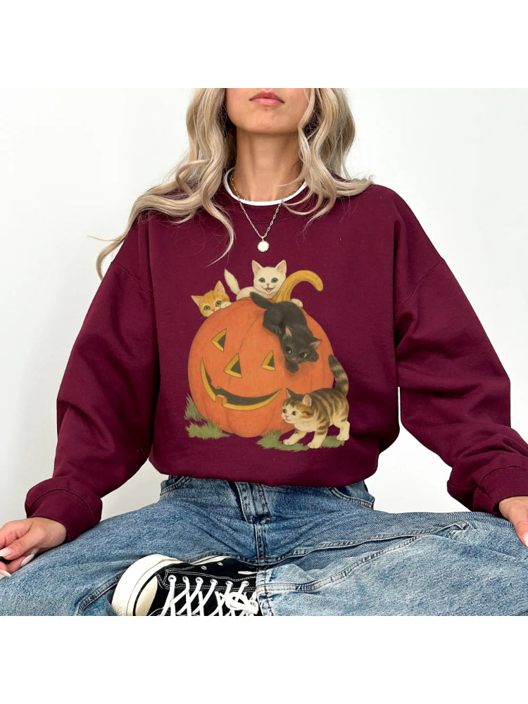 Women's Vintage Halloween Kitten Pumpkin Casual Pullover