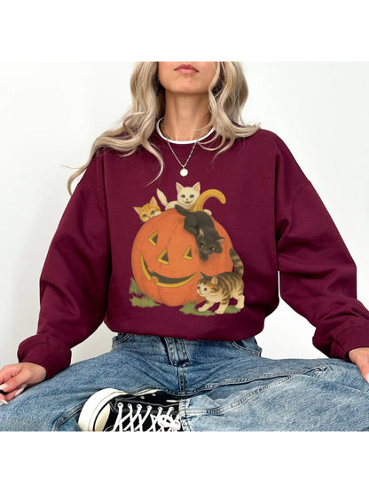 Women's Vintage Halloween Kitten Pumpkin Casual Pullover