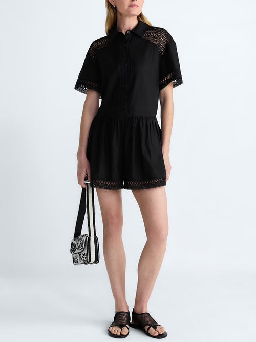 Women's Lace Panel Shirt Collar Romper