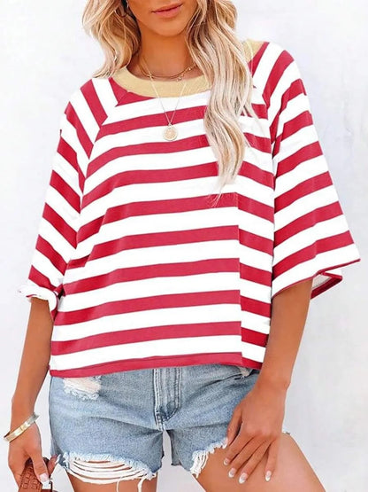 Women's Casual Striped Round Neck Loose Short Sleeve T-Shirt