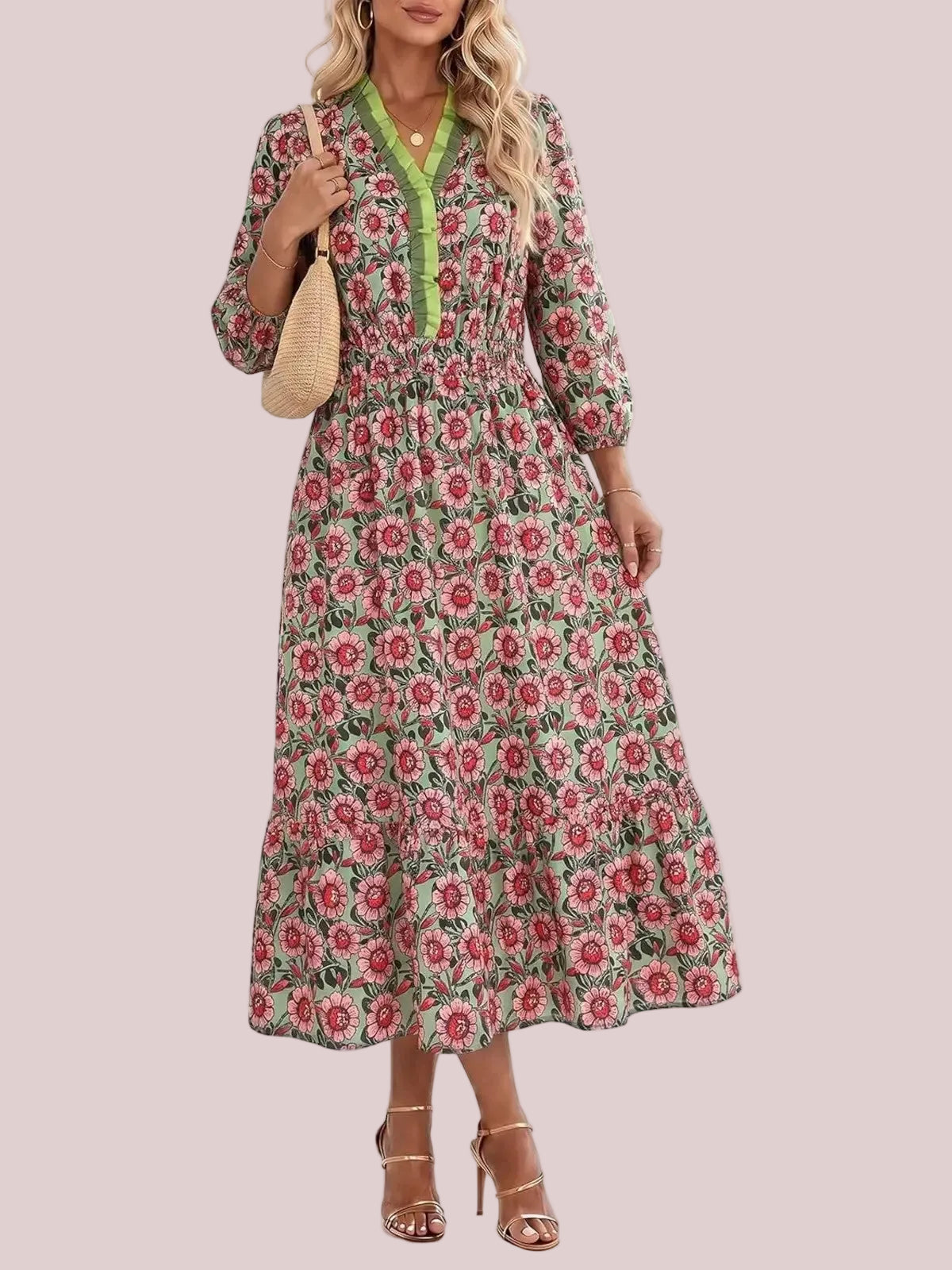 Women's Bohemian Floral Printed Tiered Midi Dress with Elastic Waist