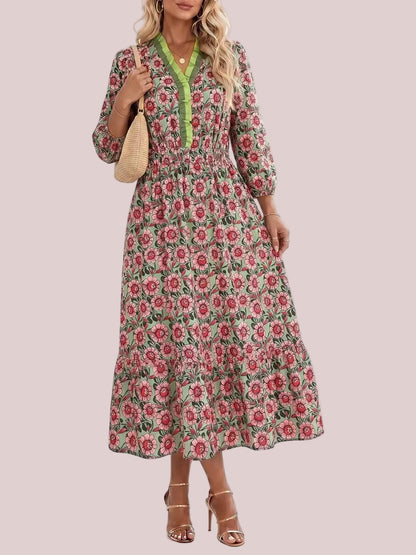 Women's Bohemian Floral Printed Tiered Midi Dress with Elastic Waist