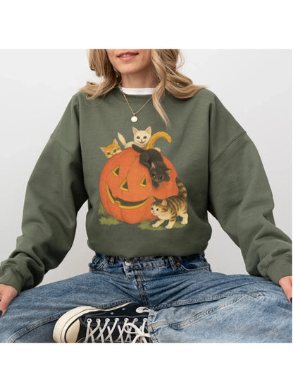 Women's Vintage Halloween Kitten Pumpkin Casual Pullover