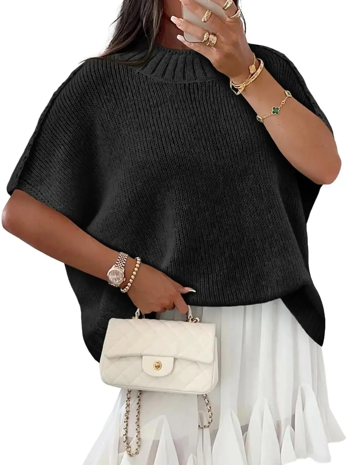 Women's Mock‑Neck Batwing Short‑Sleeve Knit Top