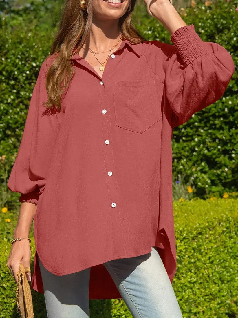 Women's Oversized Smocked‑Cuff Button‑Down Shirt