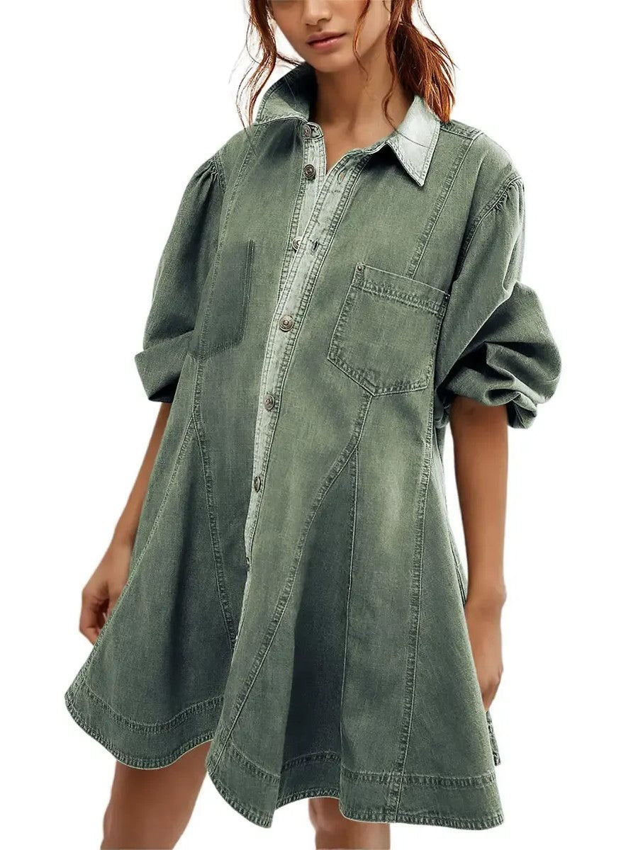 Women's Vintage Puff‑Sleeve Button‑Front Shirt Dress