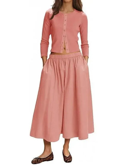 Women's Long Sleeve Crop Top Flowy Midi Skirt Two‑Piece Outfit