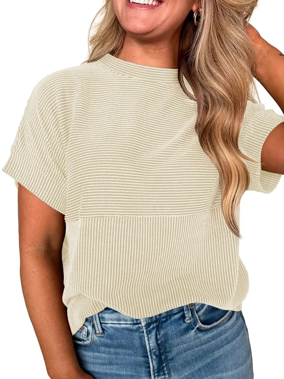 Women's Mixed Texture Striped Crew Neck Tee