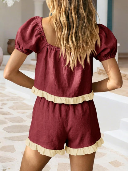Women's Square Neck Frill Trim Matching Outfit