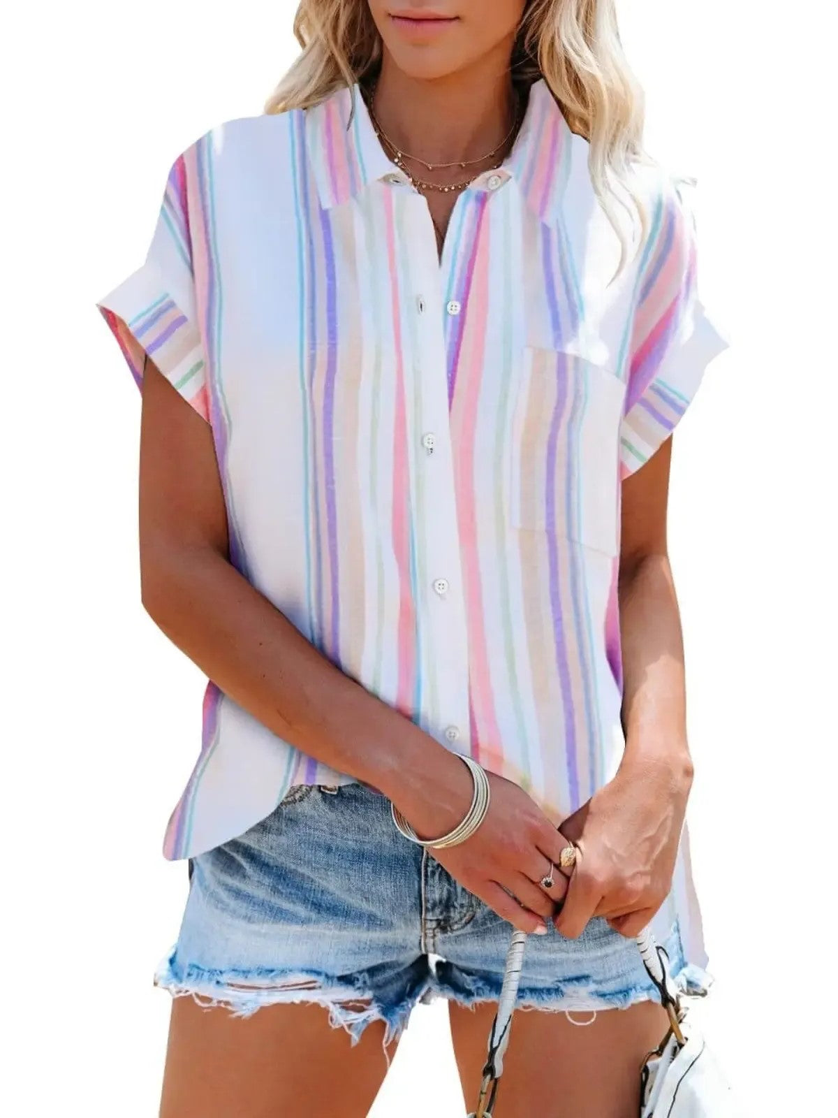 Women's Coastal Stripe Short Sleeve Button Shirt
