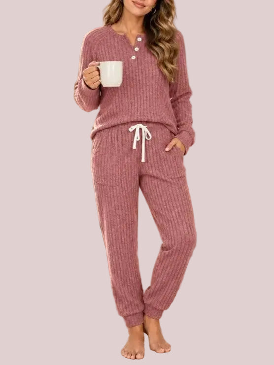 Women's Ribbed Knit Henley Loungewear Set