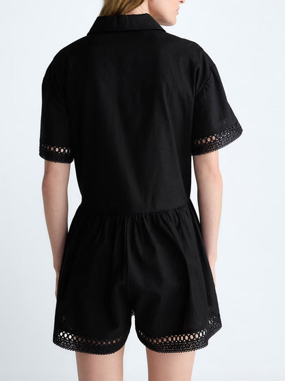 Women's Lace Panel Shirt Collar Romper