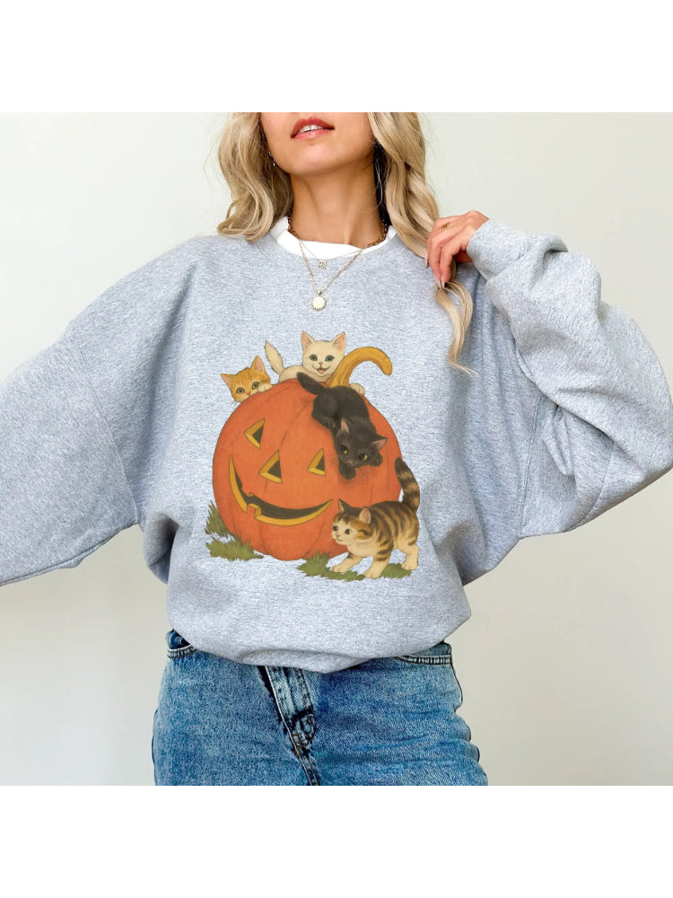Women's Vintage Halloween Kitten Pumpkin Casual Pullover