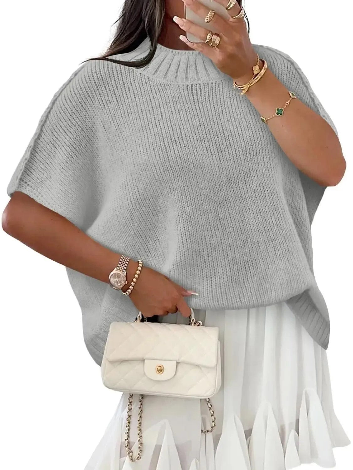 Women's Mock‑Neck Batwing Short‑Sleeve Knit Top