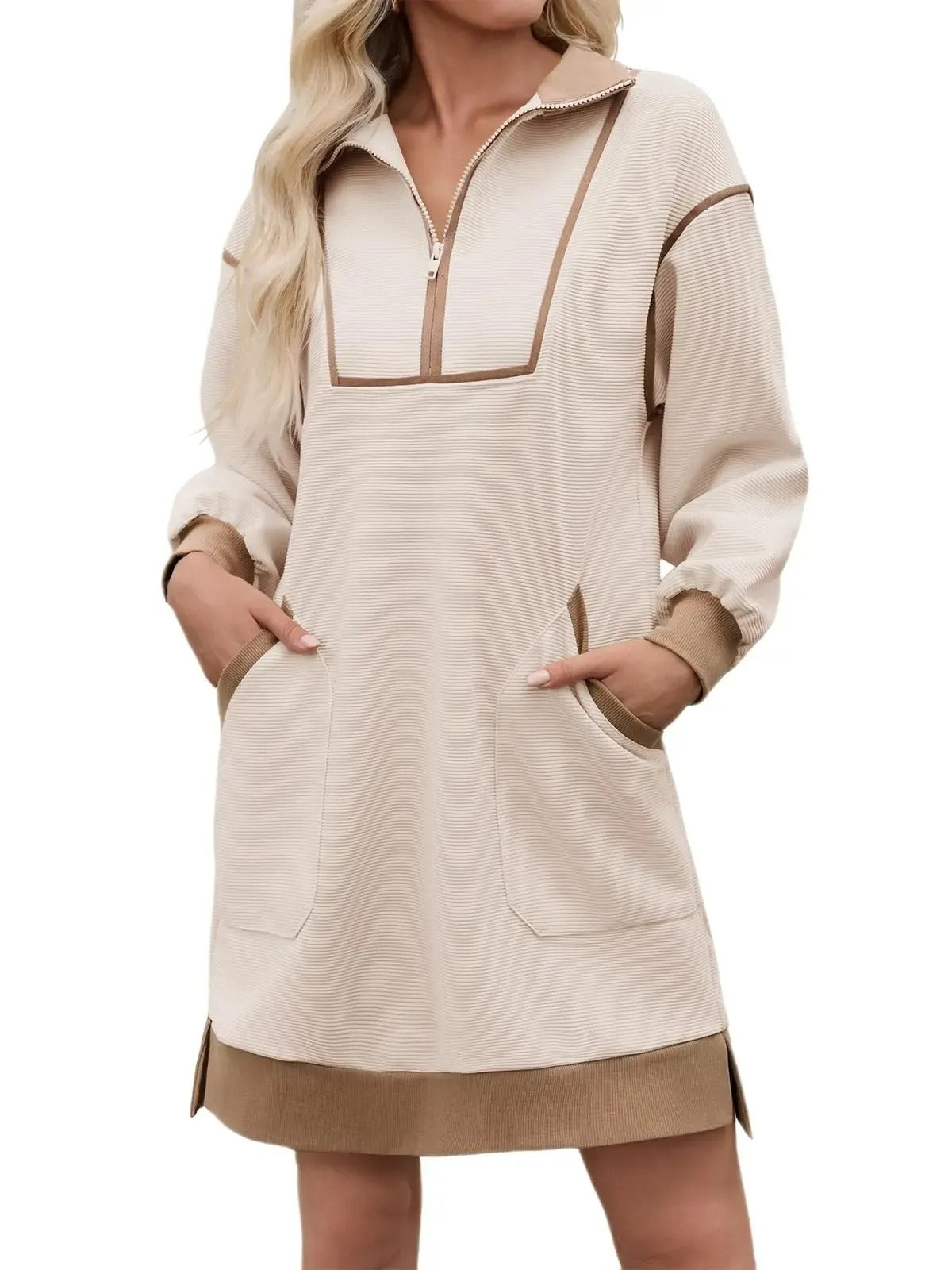 Women's Half Zip Contrast Trim Pocket Dress